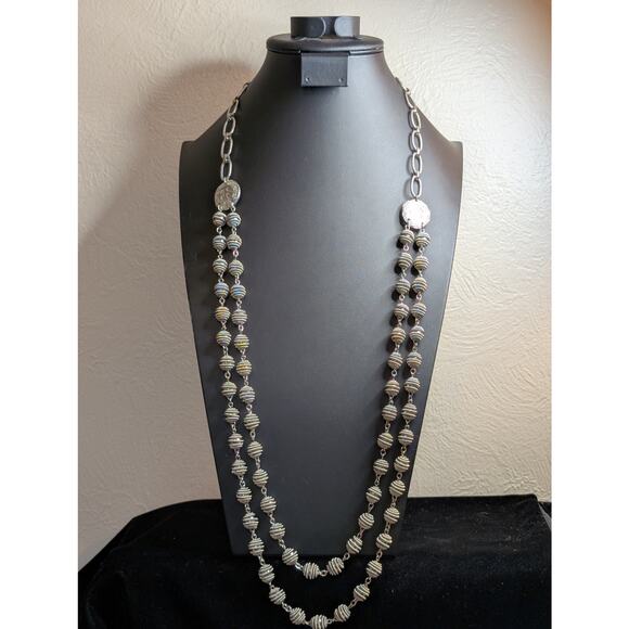 Chico's Designer Signed Chunky Silver Tone Bead Ball 1 to 2 Strand Necklace - Picture 1 of 9